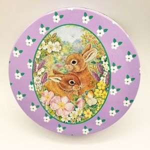 Anne Mortimer 1980s Easter Bunny Rabbit Spring Tin Cookie Container 6" Violet.